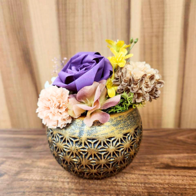 ひのきろうず紫 アレンジメントシック陶器 造花 プレゼント 厳か