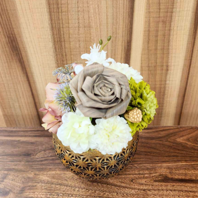 ひのきろうずグレー アレンジメントシック陶器 造花 プレゼント 厳か