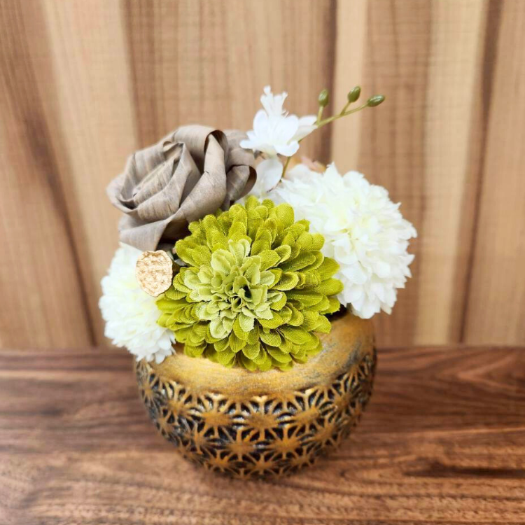 ひのきろうずグレー アレンジメントシック陶器 造花 プレゼント 厳か