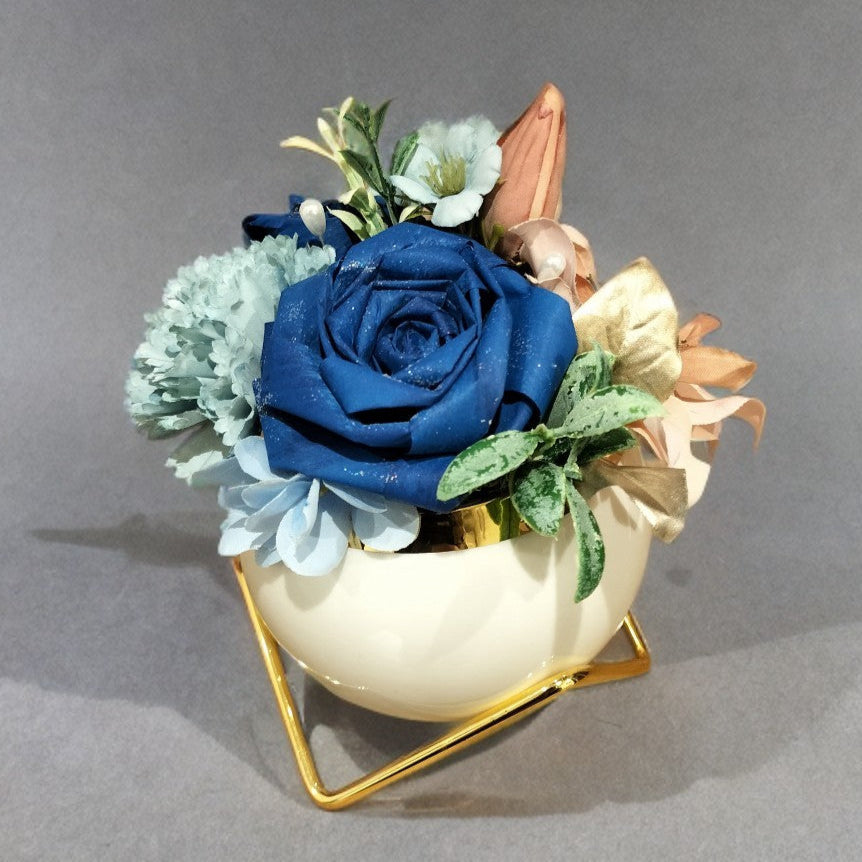ひのきろうずブルー アレンジメント陶器 造花 プレゼント 上品 優雅