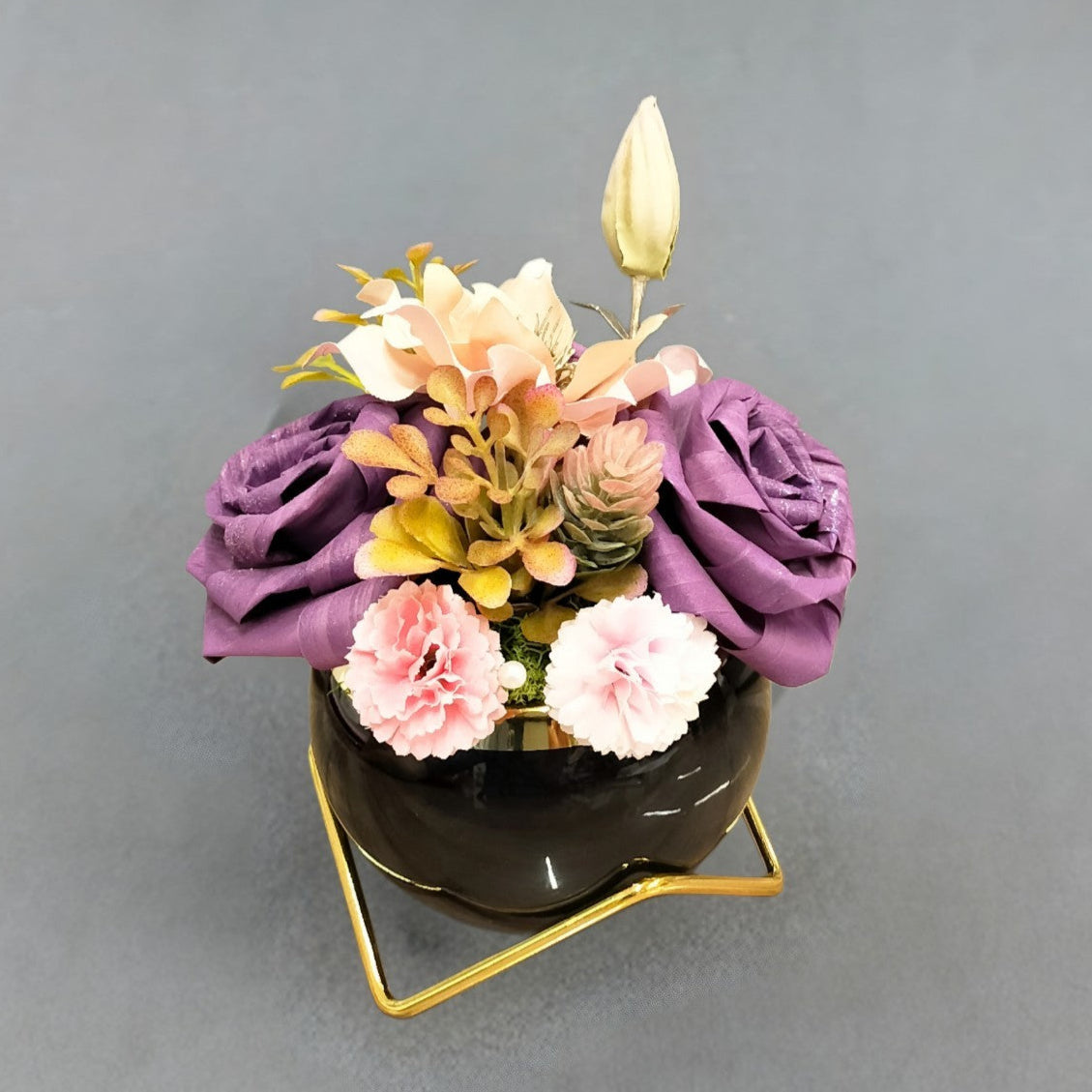 ひのきろうずパープル アレンジメント陶器 造花 プレゼント 上品 優雅