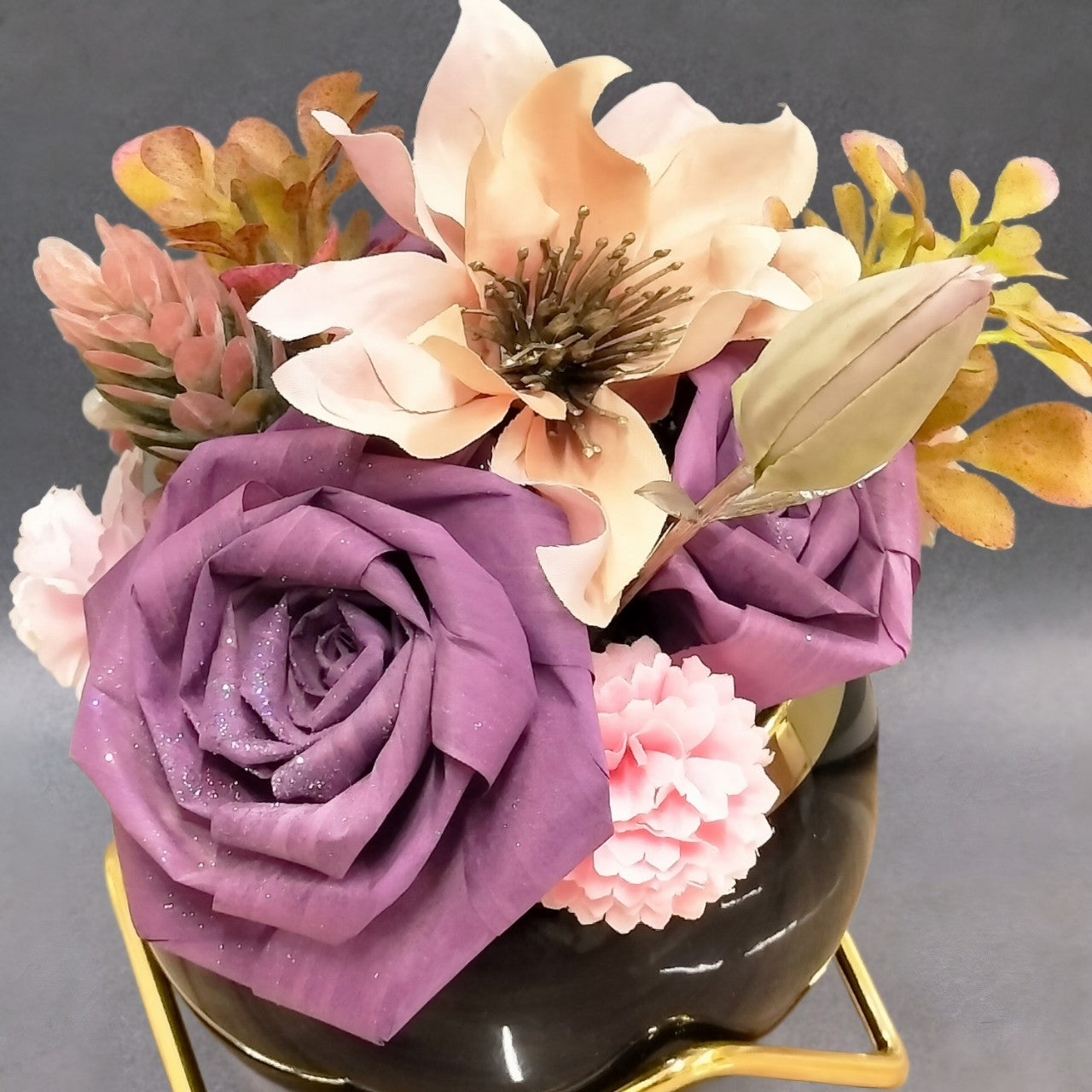 ひのきろうずパープル アレンジメント陶器 造花 プレゼント 上品 優雅