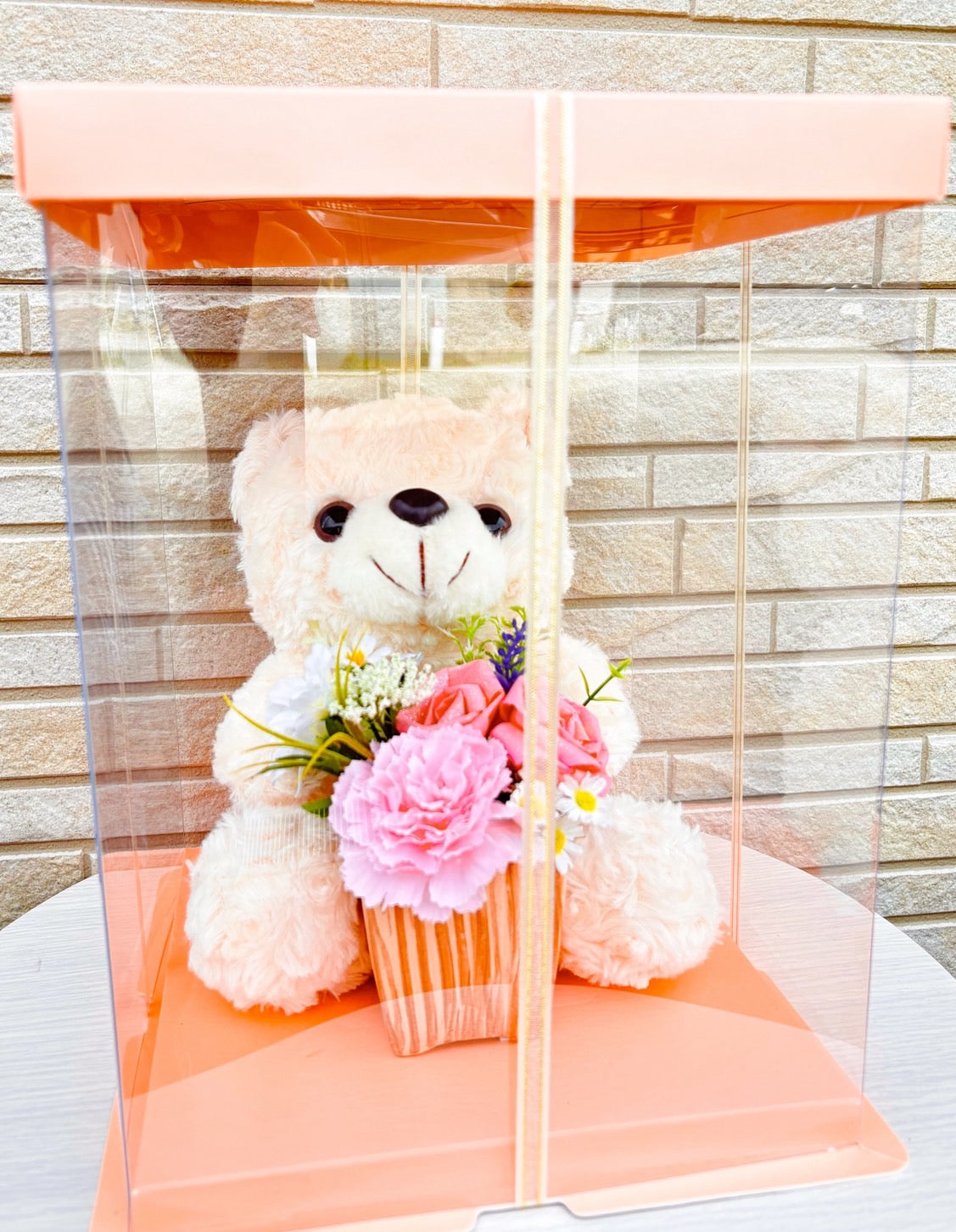 くまの花かごギフト・ピンクブーケVer.