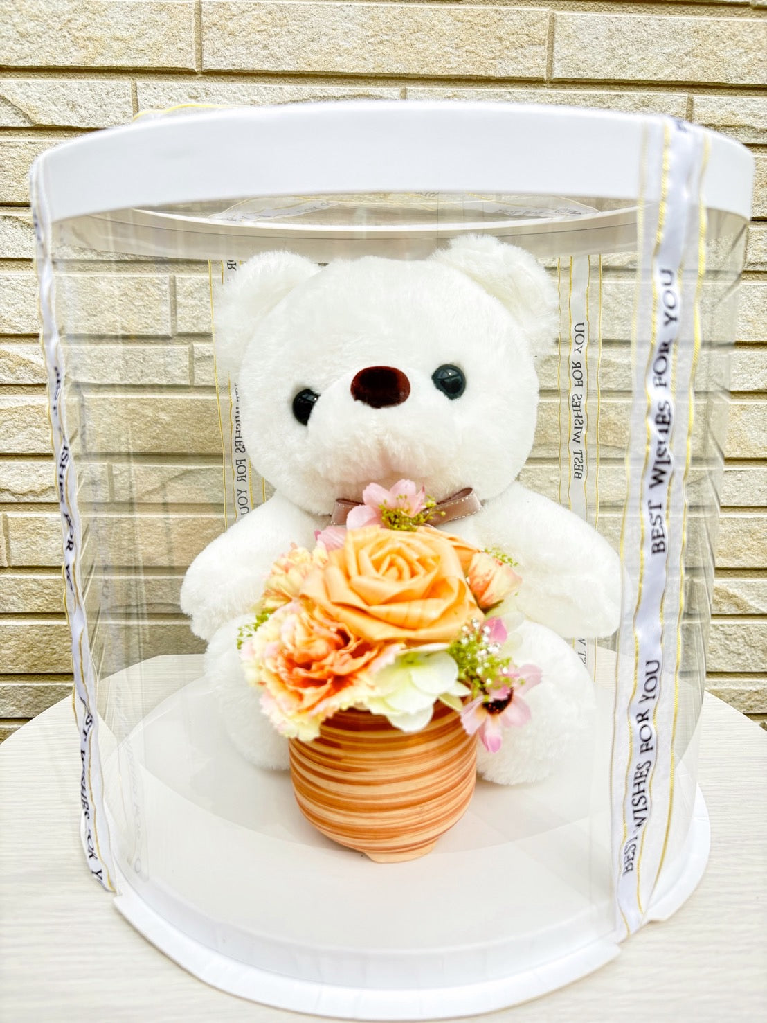 くまの花かごギフト・ピンクブーケVer.