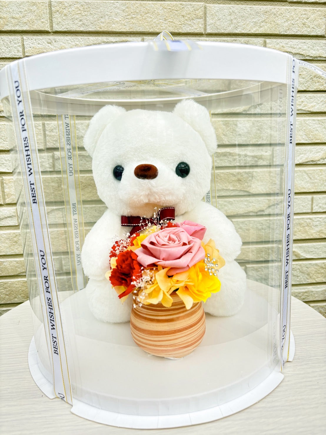 くまの花かごギフト・ピンクブーケVer.
