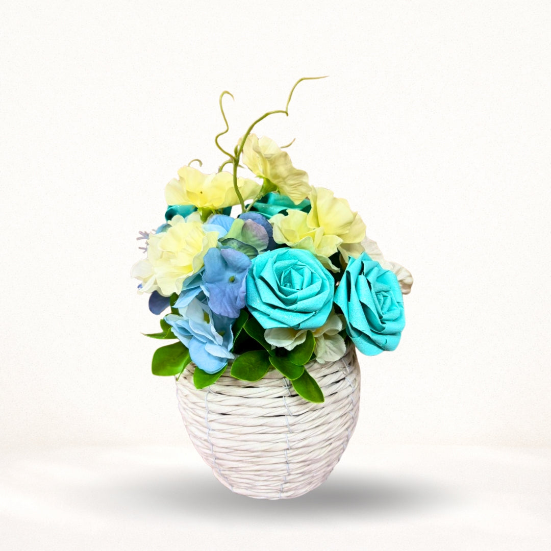 ひのきろうず（ライトブルー）のやさしいフラワーポット｜アーティフィシャルフラワーアレンジ