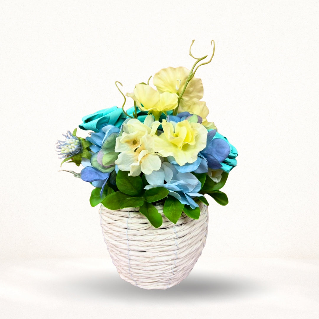 ひのきろうず（ライトブルー）のやさしいフラワーポット｜アーティフィシャルフラワーアレンジ