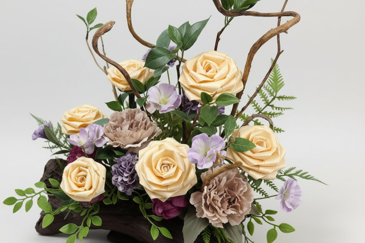 ナチュラルウッドアレンジメント～優雅に咲く和モダンフラワー～