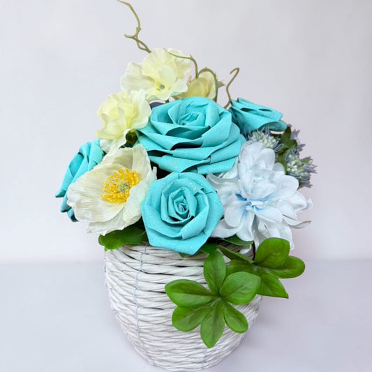 ひのきろうず（ライトブルー）のやさしいフラワーポット｜アーティフィシャルフラワーアレンジ