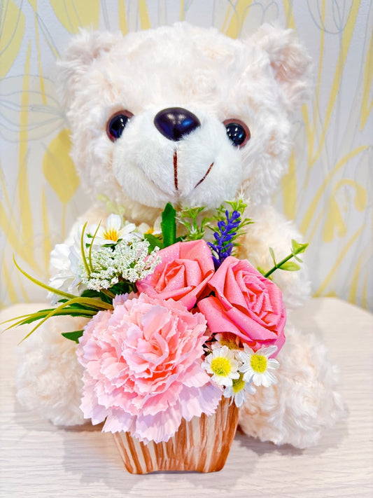 くまの花かごギフト・ピンクブーケVer.